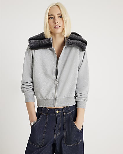 Grey Faux Fur Trim Zip Through Hoodie