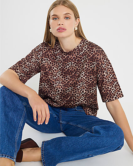 Brown Neoprene Leopard Print Boxy T-shirt