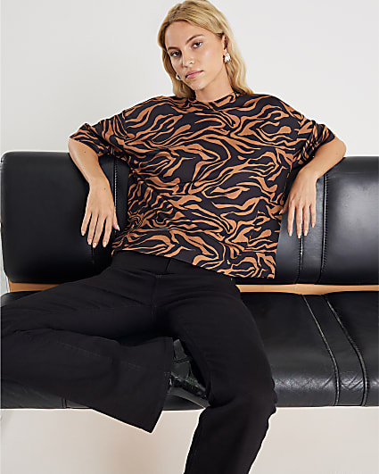 Brown Neoprene Zebra Print Boxy T-shirt