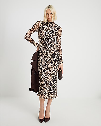 Black Mesh Leopard Print Midi Dress