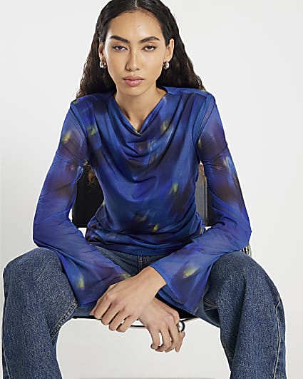 Blue Long Sleeve Swirl Print Top
