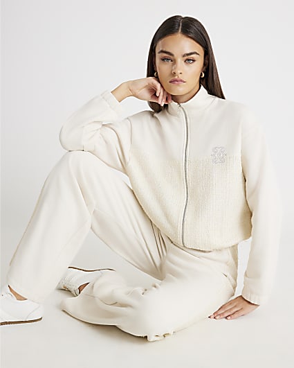 Cream Long Sleeve Boucle Mix Zip Up Jacket