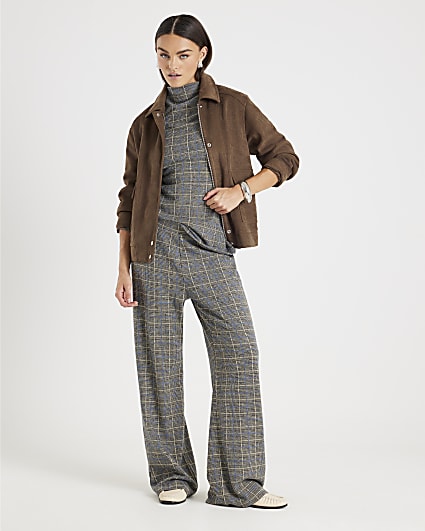Grey Cosy Check Print Wide Leg Trousers
