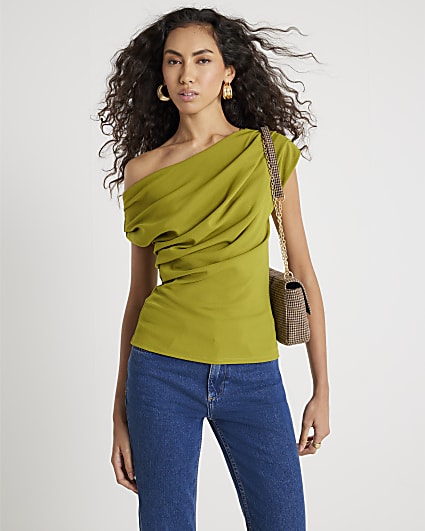 Green Short Sleeve Drape Scuba Top