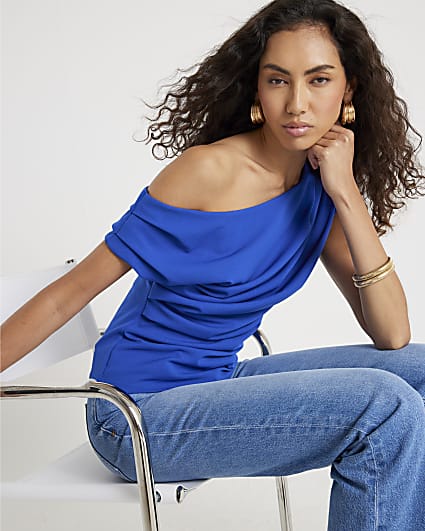 Blue Short Sleeve Off Shoulder Drape Top