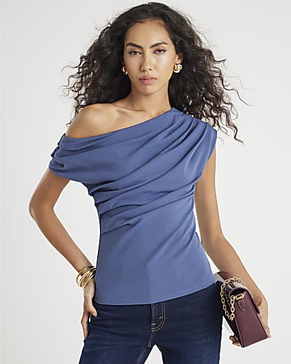 Blue Short Sleeve Off Shoulder Drape Top