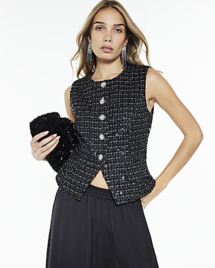 Black Boucle Sleeveless Sequin Waistcoat