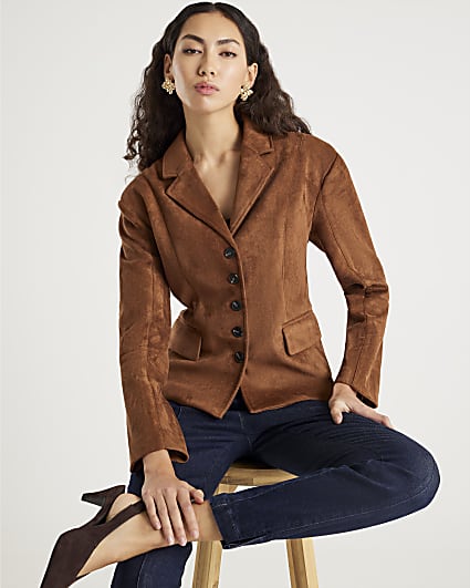 Brown Faux Suede Fitted Blazer