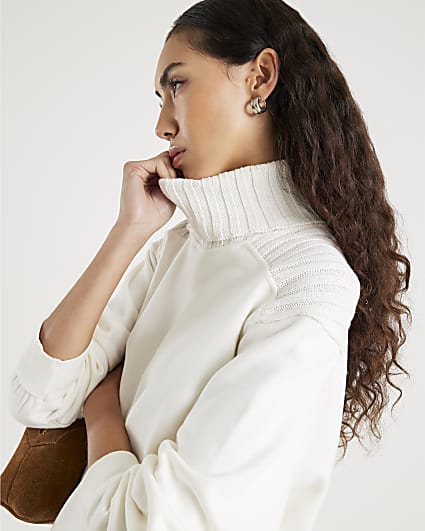 Cream Roll Neck Hybrid Knit Sweatshirt