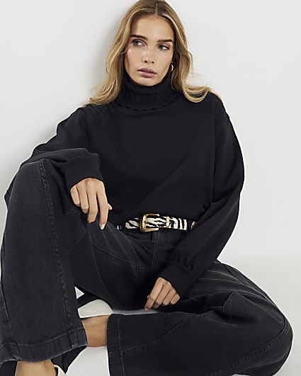 Black Roll Neck Hybrid Knit Sweatshirt