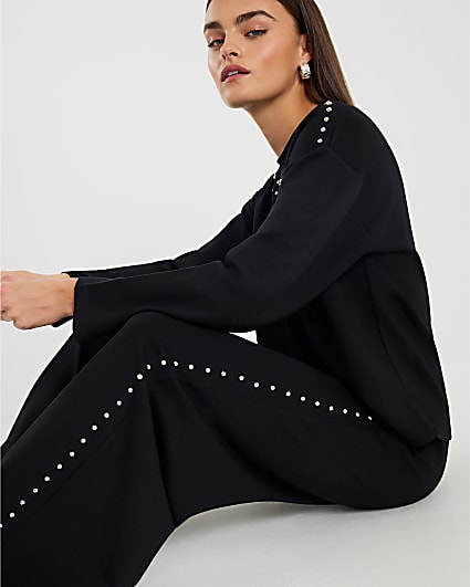 Black Stud Neoprene Wide Leg Joggers