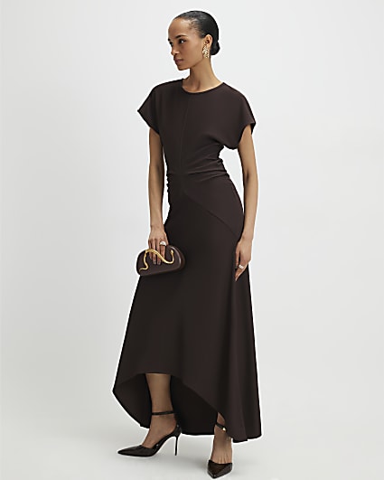 Brown Short Sleeve Cinched Waist Maxi Dress