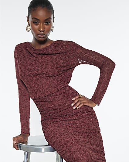 Red Cowl Neckline Diamante Lace Top