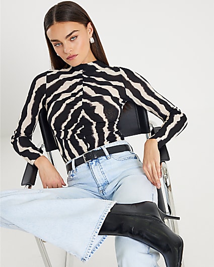 Black Ruched Wavy Print Mesh Top