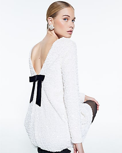 White Sequin Velvet Bow Back Mini Dress