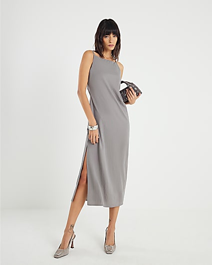 Grey Linen Look Ruched Side Cami Midi Dress