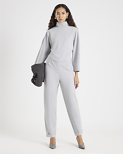 Grey Pinstripe Tapered Leg Trousers