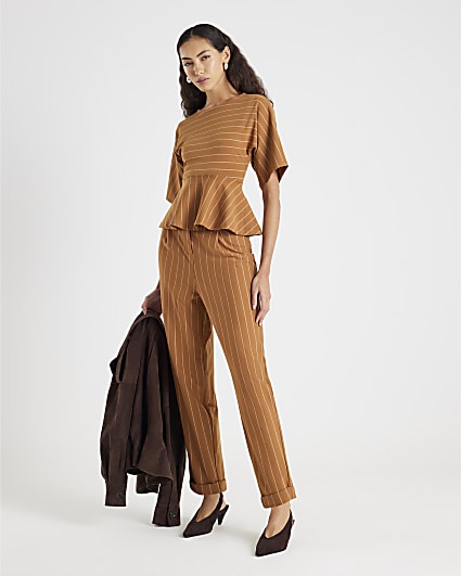 Beige Pinstripe Tapered Trousers
