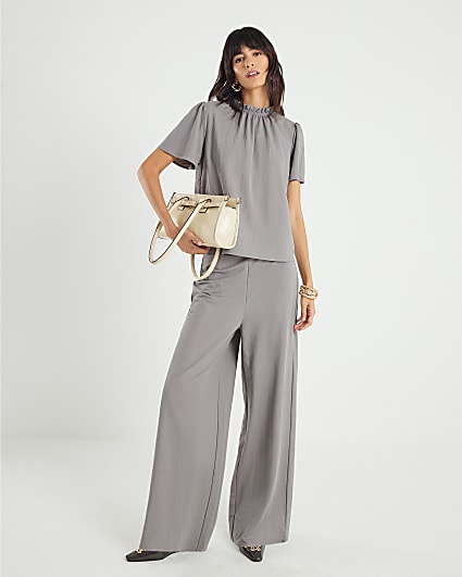 Grey Linen High Neck Ruched Top