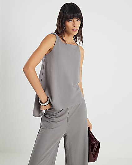 Grey Linen Twist Strap Top