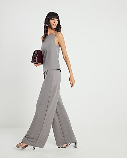 Grey Linen Wide Leg Trousers