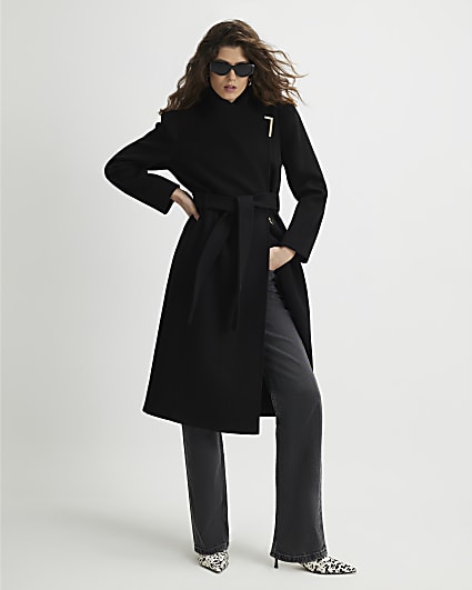 Black High Neck Wrap Belted Coat