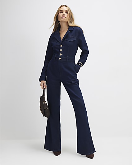 Blue Denim Wide Leg Jumpsuit