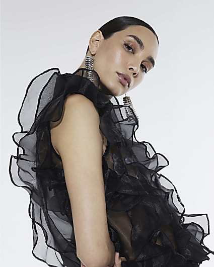 Black Sheer Ruffle Blouse