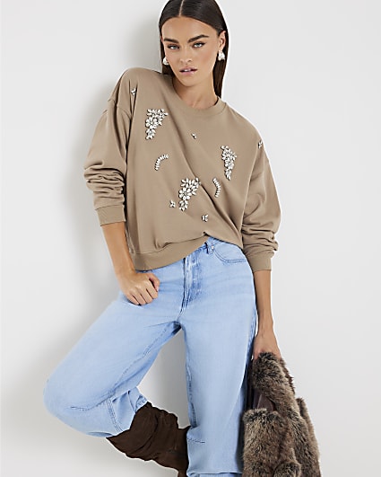 Beige Long Sleeve Embellished Sweatshirt