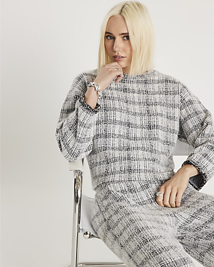 Grey Boucle Check Long Sleeve Top