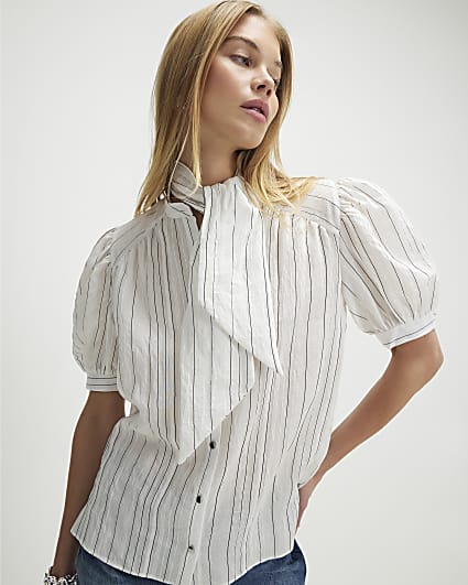 White Striped Short Sleeve Pussybow Blouse