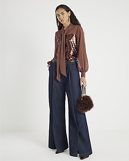 Brown Sequin Pussybow Top