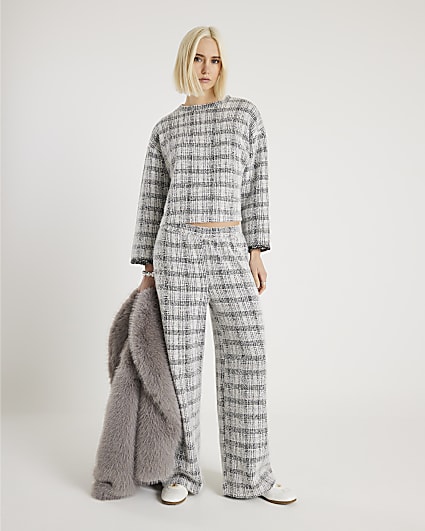 Grey Boucle Check Print Wide Leg Trousers