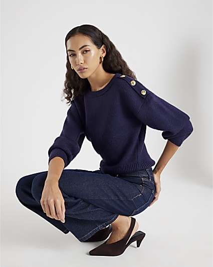 Navy Knitted Structured Sleeve Jumper