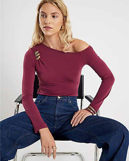Red Long Sleeve Gold Detail Asymmetric Top