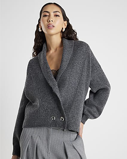 Grey Knitted Batwing Collared Cardigan