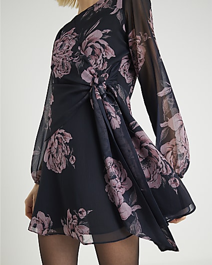 Black Floral Long Sleeve Knot Mini Dress