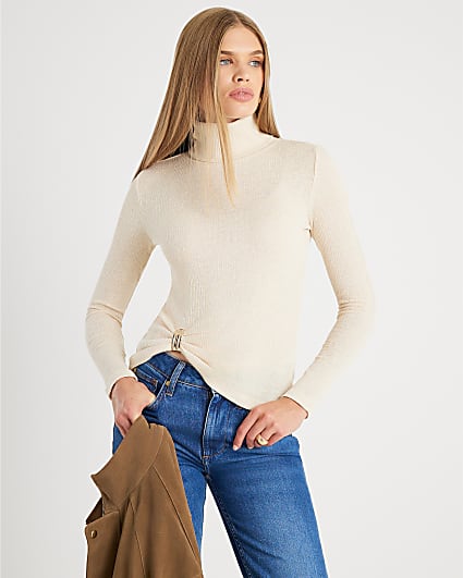 Cream Long Sleeve Gold Detail Roll Neck Top