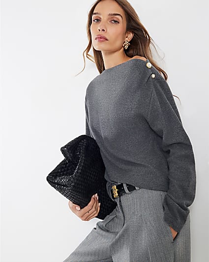Grey Cosy Pearl Draped Top