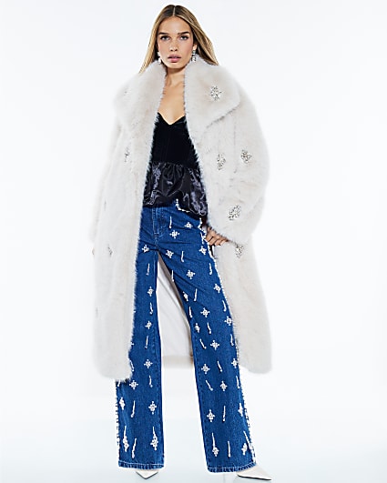 Beige Embellished Faux Fur Longline Coat