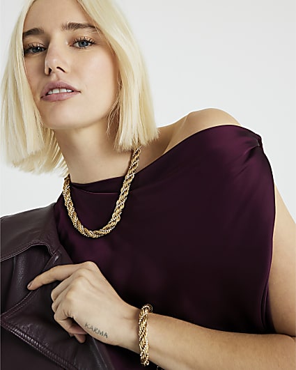 Silver Mixed Metal Twist Rope Collar Necklace