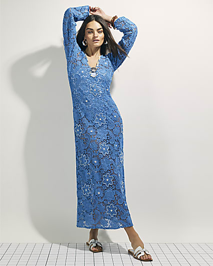 Blue Crochet Shell Maxi Dress