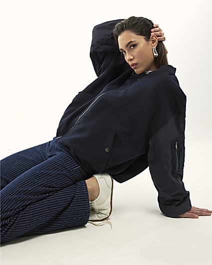 Navy Oversized Hybrid Bomber Jacket