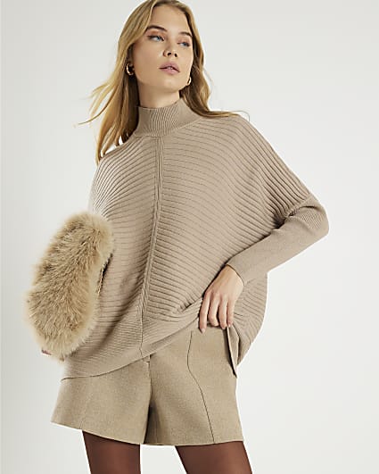Beige Knit High Neck Ribbed Jumper
