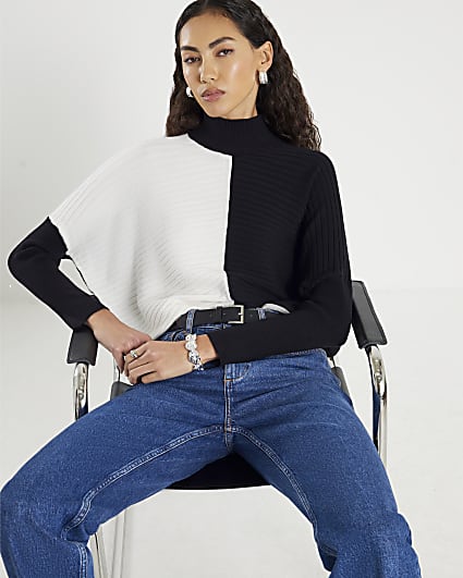 Black Contrast High Neck Rib Jumper