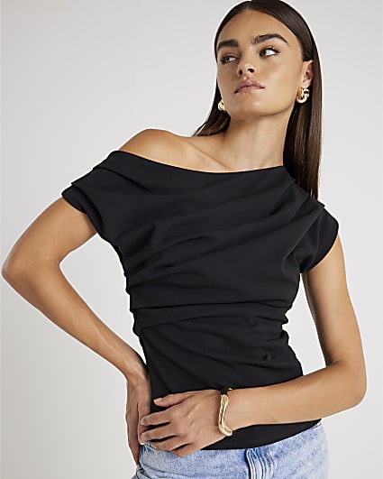 Black Short Sleeve Off Shoulder Drape Top