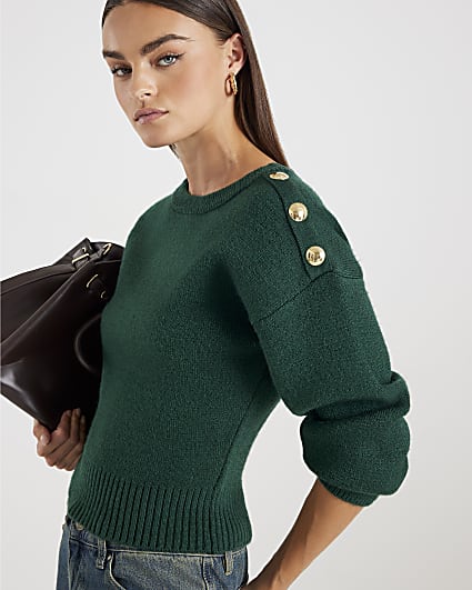 Green Knitted Structured Sleeve Jumper