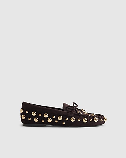 Brown Suede Studded Loafers