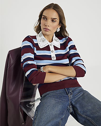 Red Striped Diamante Trim Polo Top