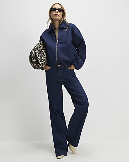 Blue Denim Gathered Hem Bomber Jacket